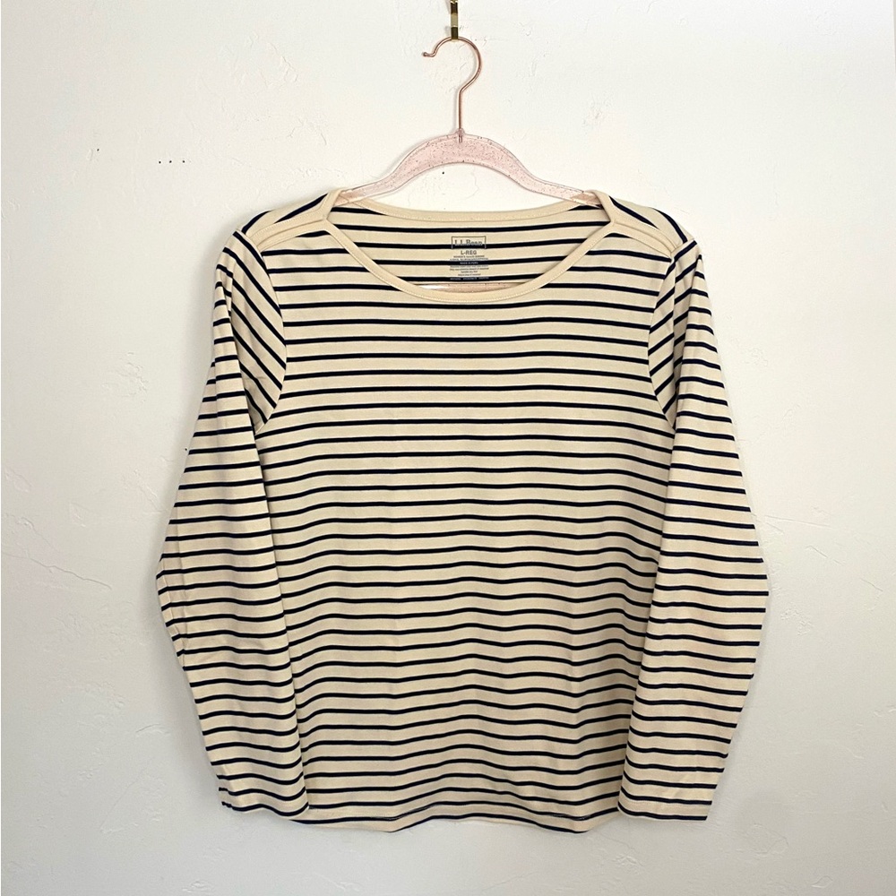 L.L. Bean Striped Large Navy Cream Long Sleeve Tee Layering Top Nautical Stripes